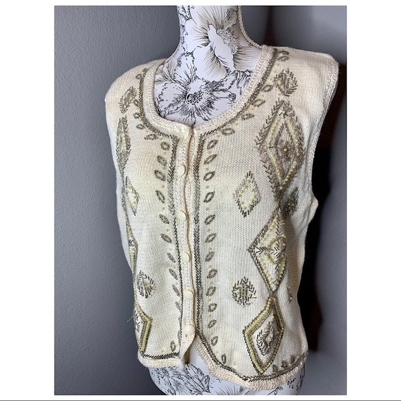 Vintage Worthington Beaded Vest Top Knit Cream MED - Picture 1 of 5
